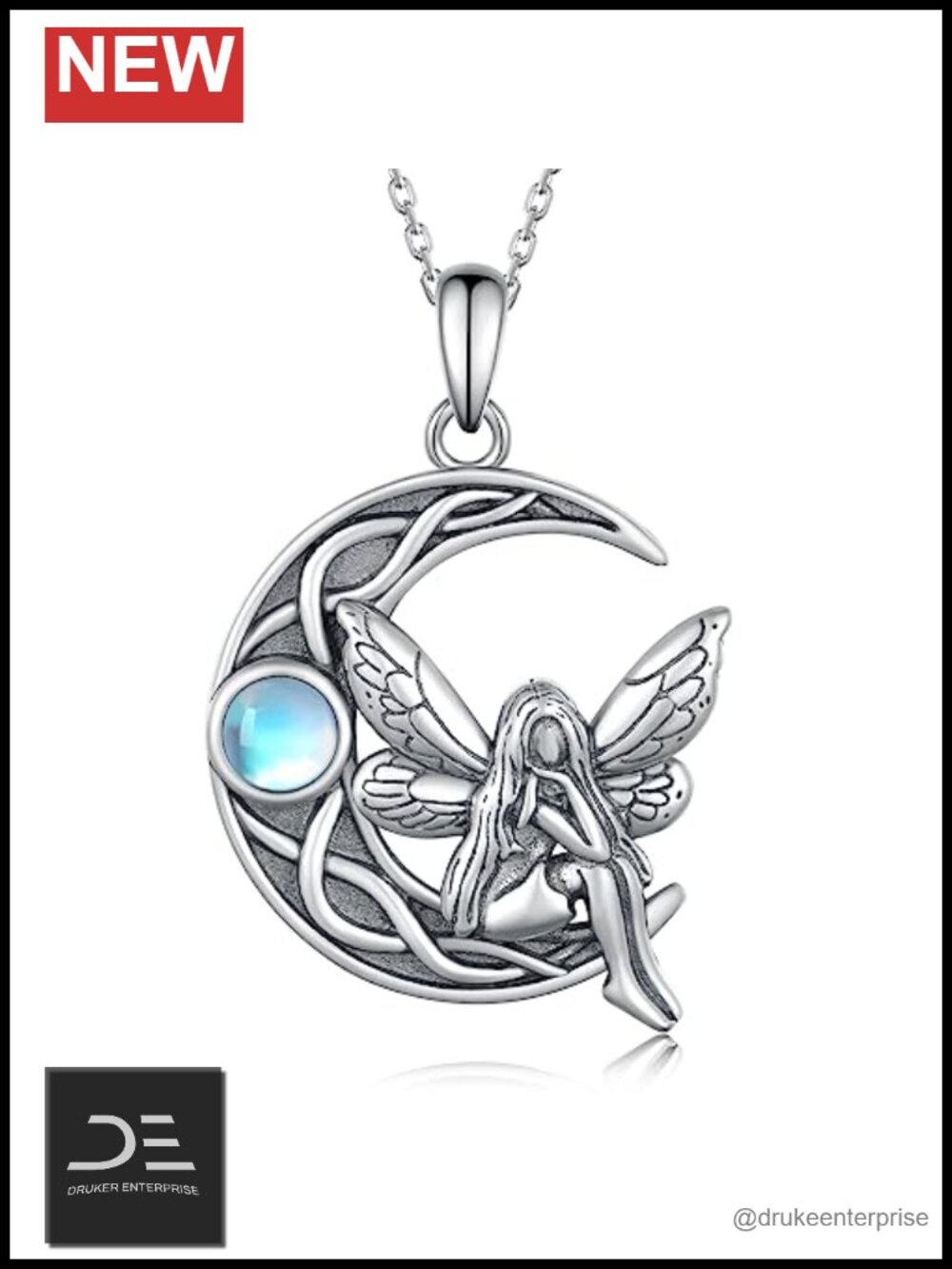Moonstone Fairy Necklace 925 Sterling Silver Crescent Moon Pendant